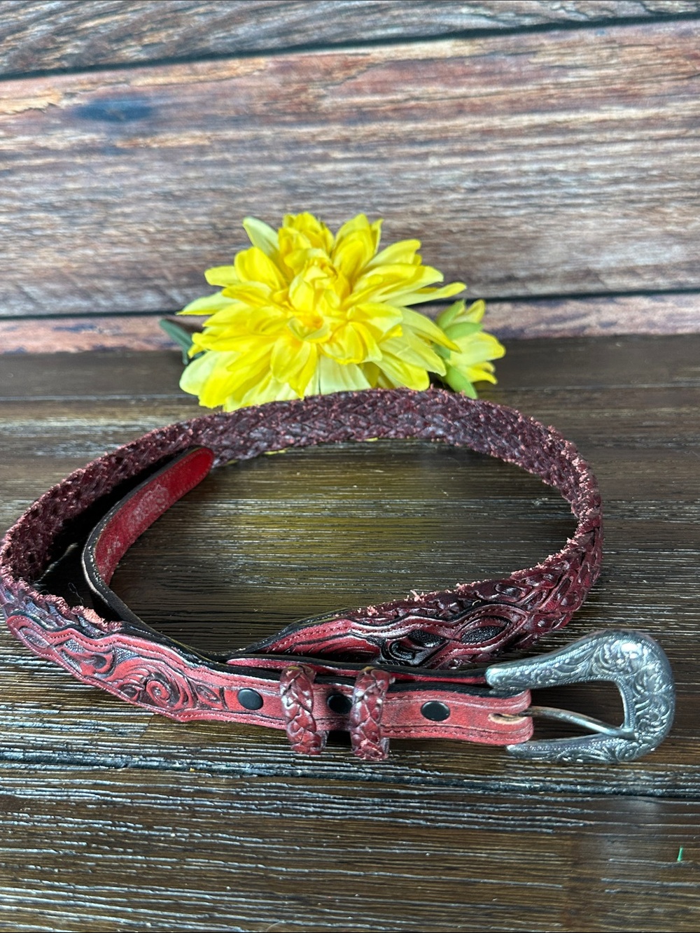 Nocona Hand-Tooled Cherry Brown Leather Women’s Belt with Silver Buckle